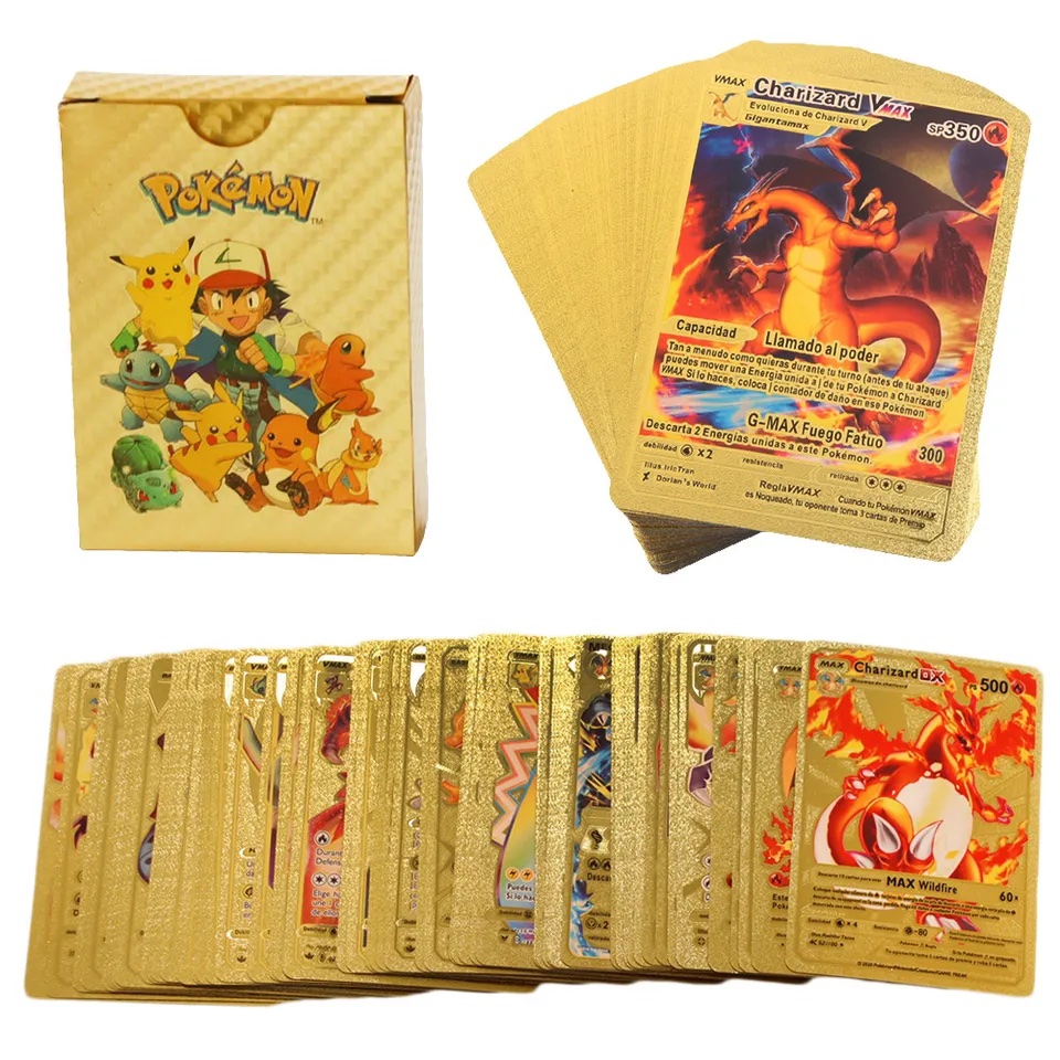 Toptan Pokemon Vmax Oyun Kartı 55 Adet Kabartma Card Fosforlu Gold Pokemon Kartları